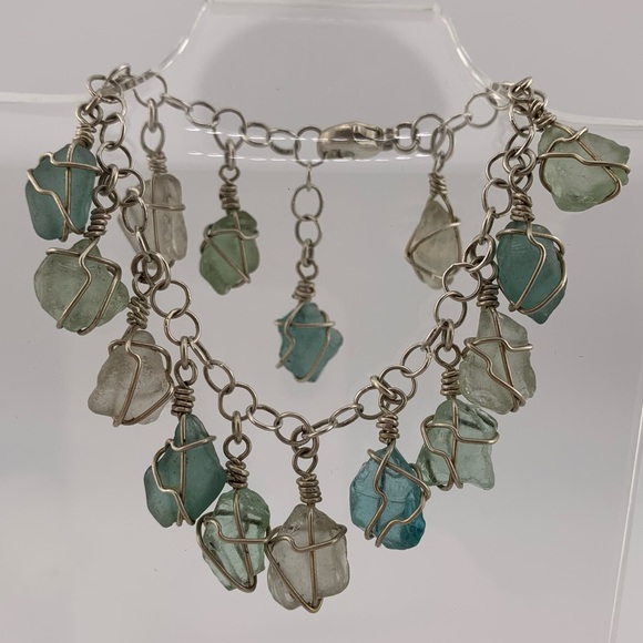STERLING SEA GLASS BRACELET AQUA LIGHT GREEN 6.5 +1" extender 925 SILVER ARTISAN - Picture 1 of 8